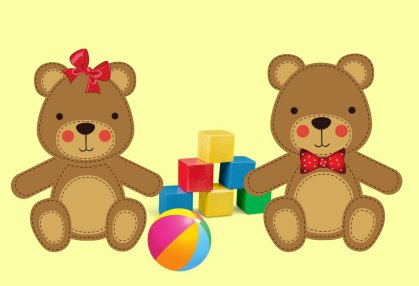 obrazek z zabawkami -2  misie, klocki i pi�ka