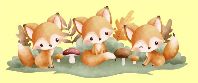 ilustracja trzech lisk�w na trawce z grzybkami