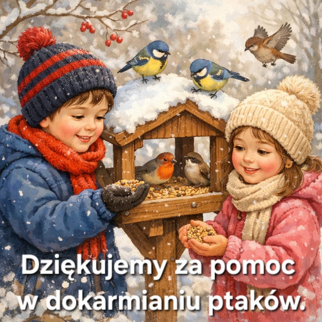 ilustracja dzieci karmi�cych ptaszki z podzi�kowaniem za przyniesione ziarenka dla ptaszk�w